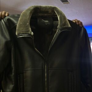 Guess Dark Leather Jacket with Plush Collar